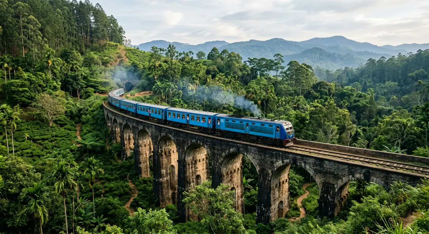 Train crossing the Nine Arch Bridge in Ella