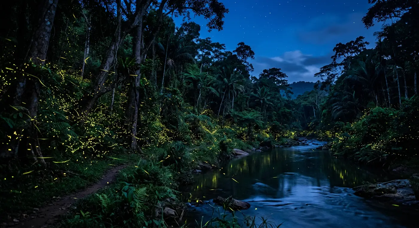 Fireflies over the forest at night