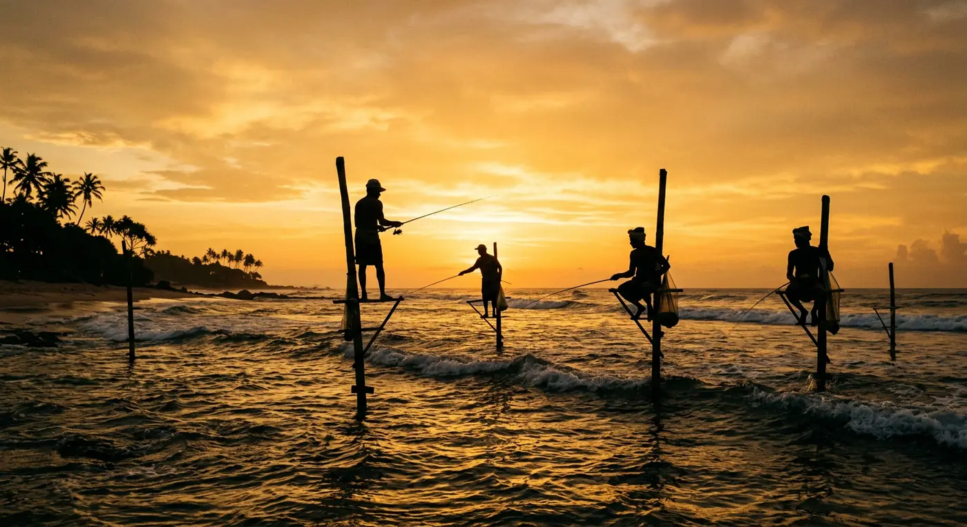 Stilt fishermen at sunset in Koggala